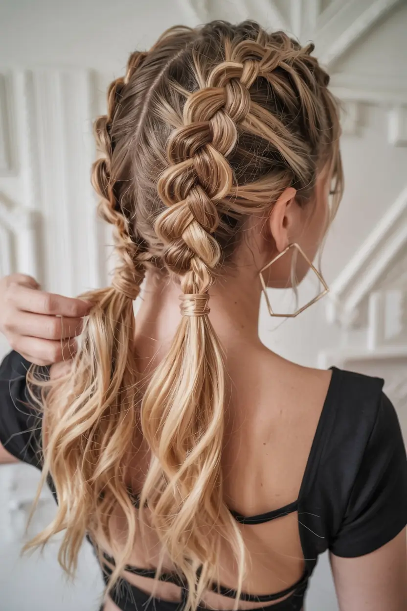 fall braids hairstyle ideas 2025+Double Loop Braids with Wrapped Ends