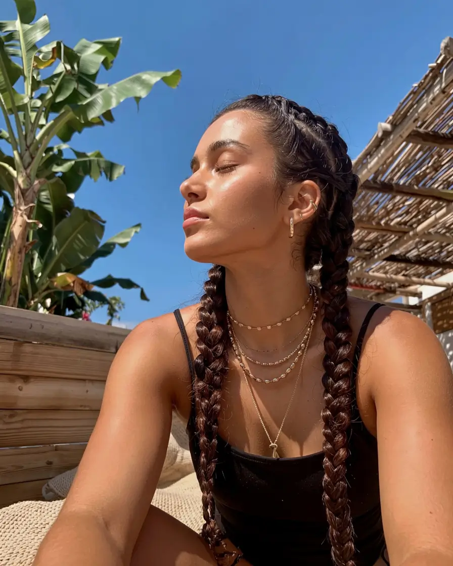 fall braids hairstyle ideas 2025+Golden Hour Gloss Twin Braids