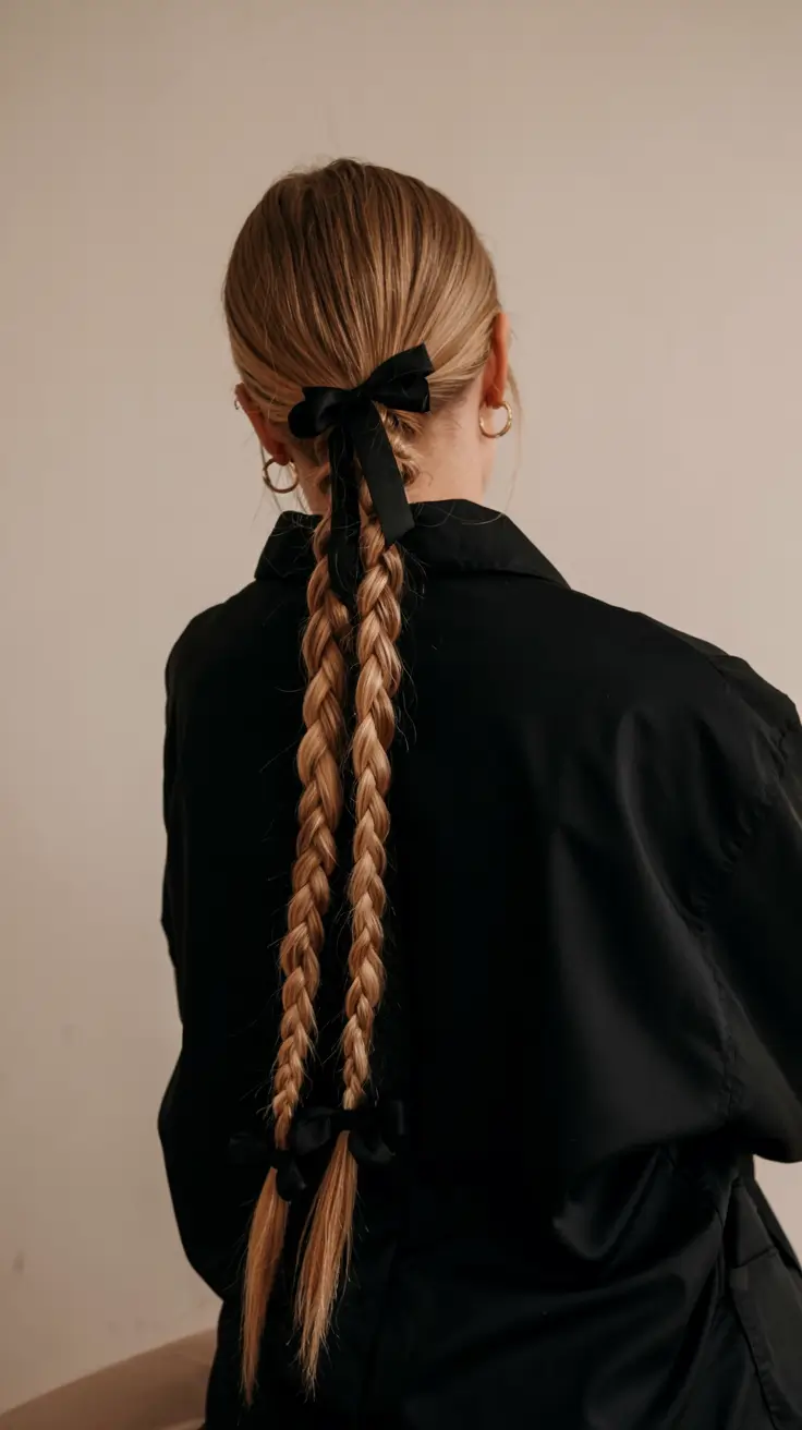 fall braids hairstyle ideas 2025+Ribbon-Tied Dual Braids