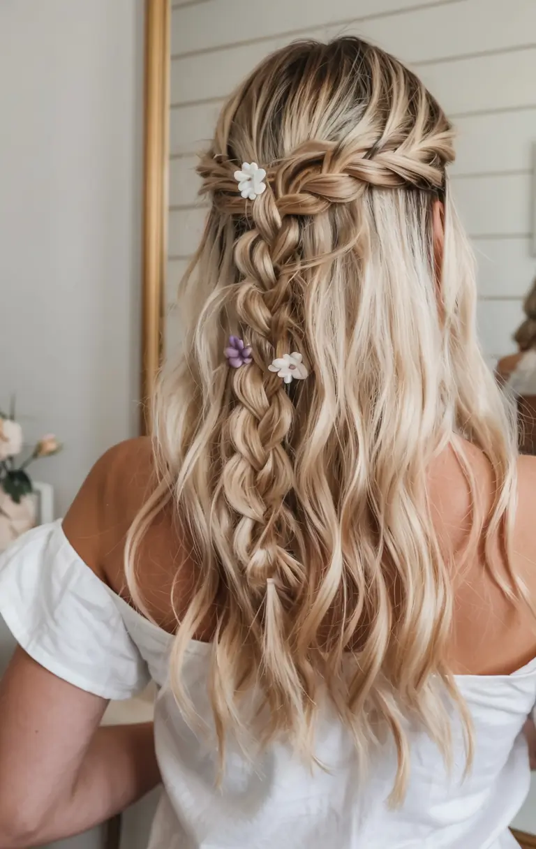 fall braids hairstyle ideas 2025+Floral-Inspired Half-Up Braid