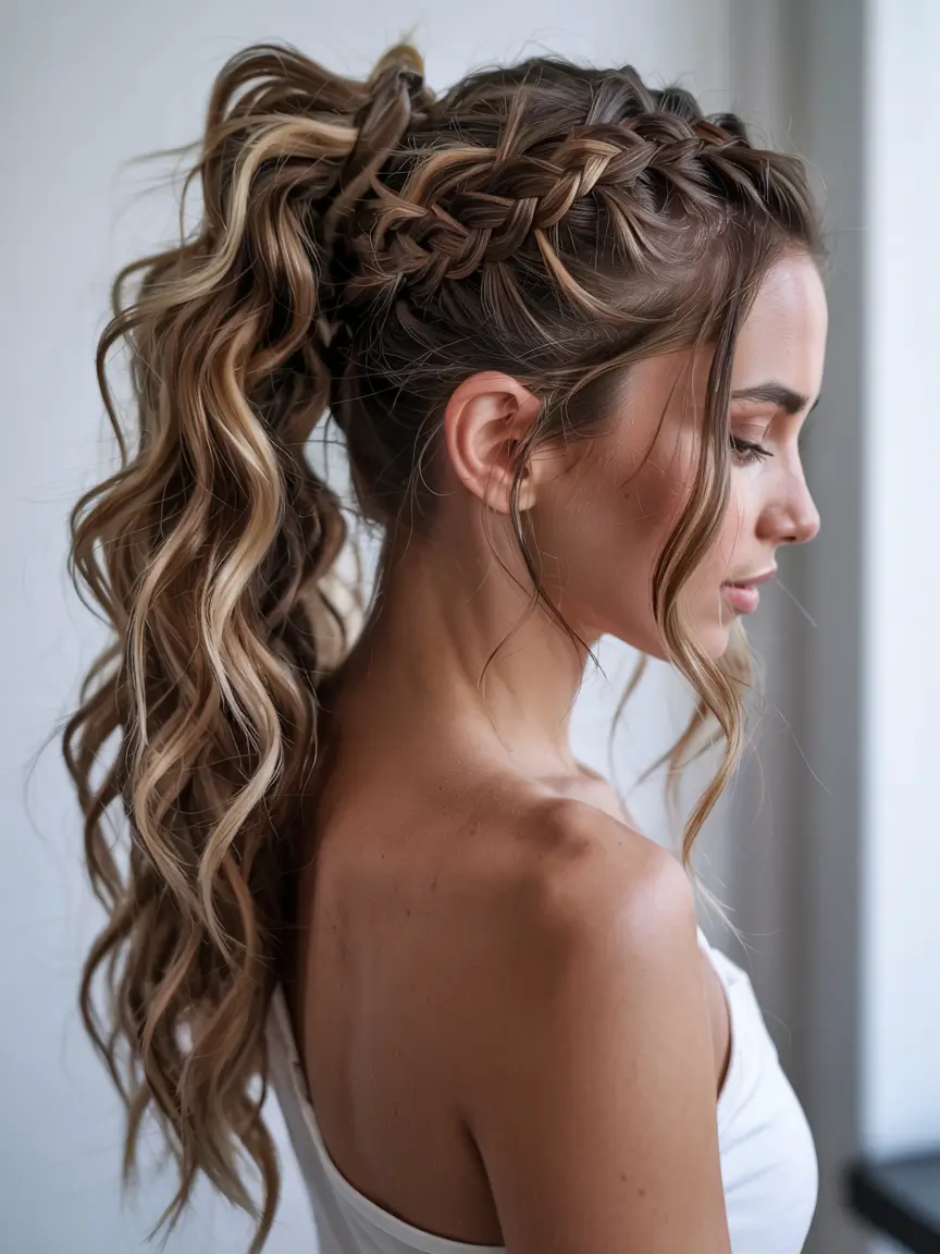 fall braids hairstyle ideas 2025+High Pony Braid with Braided Crown Accent