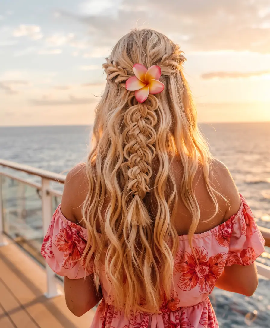 fall braids hairstyle ideas 2025+Plumeria Petal Braid with Loose Waves