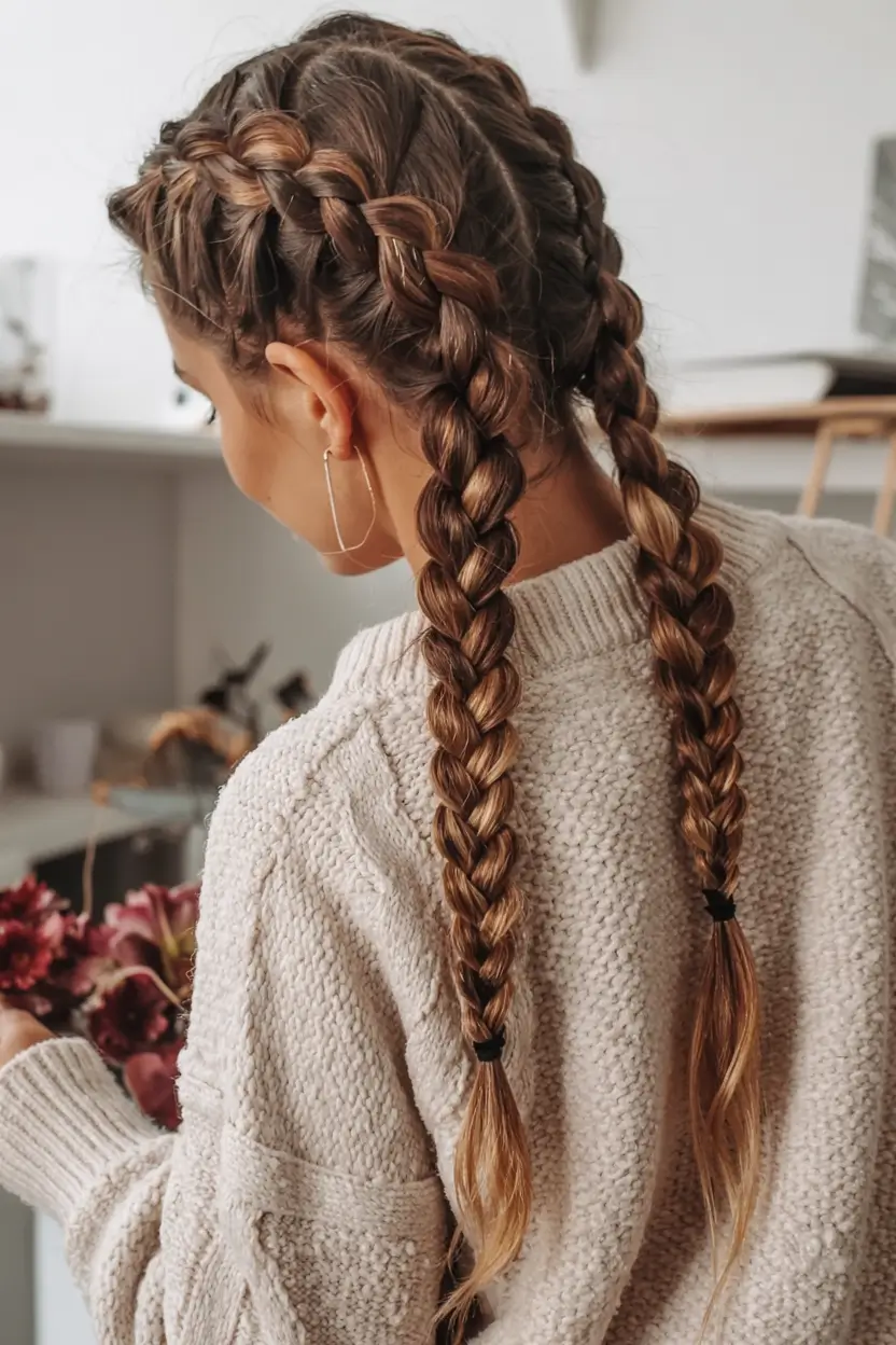 fall braids hairstyle ideas 2025+Slouchy Sweater Boxer Braids