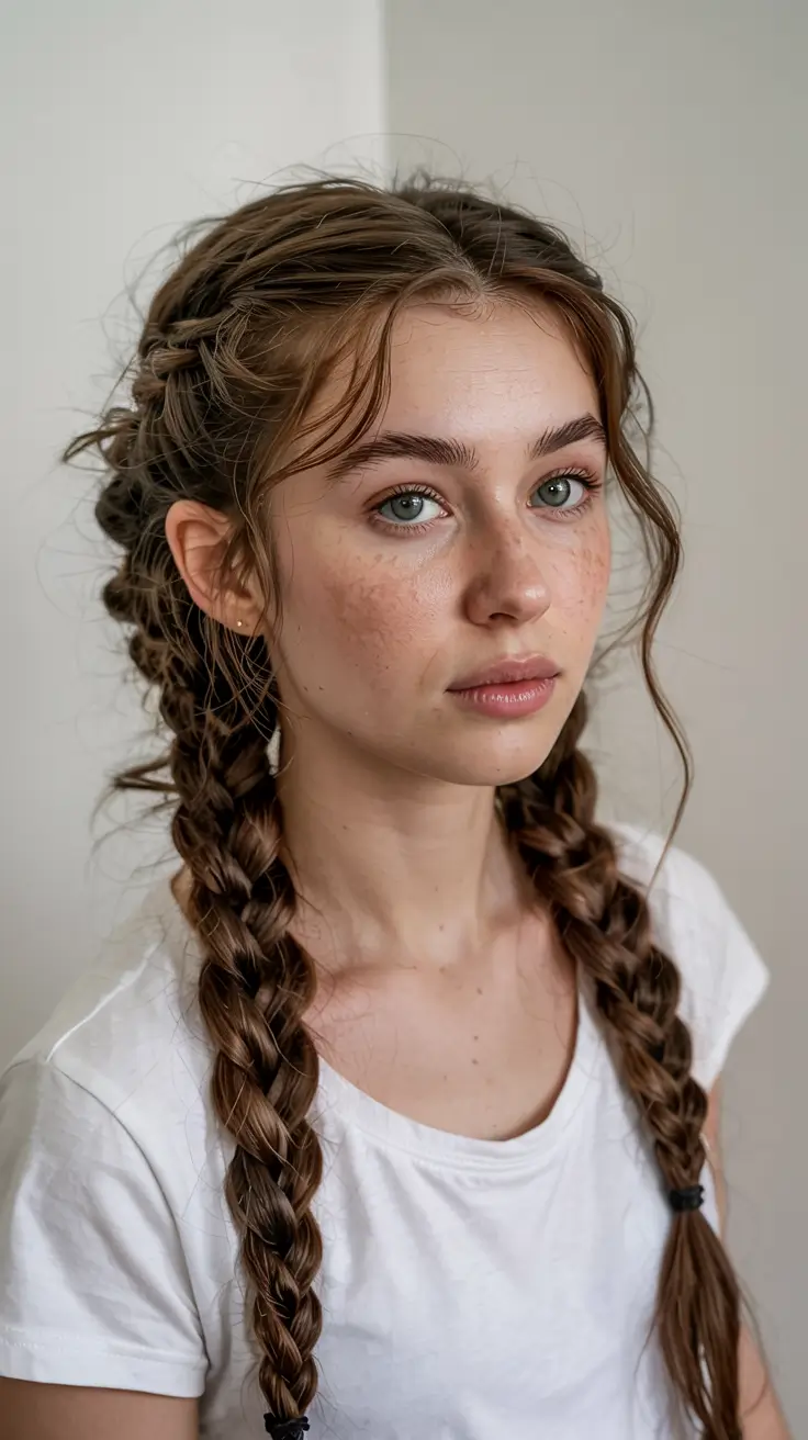 fall braids hairstyle ideas 2025+Tousled Halo with Long Double Braids