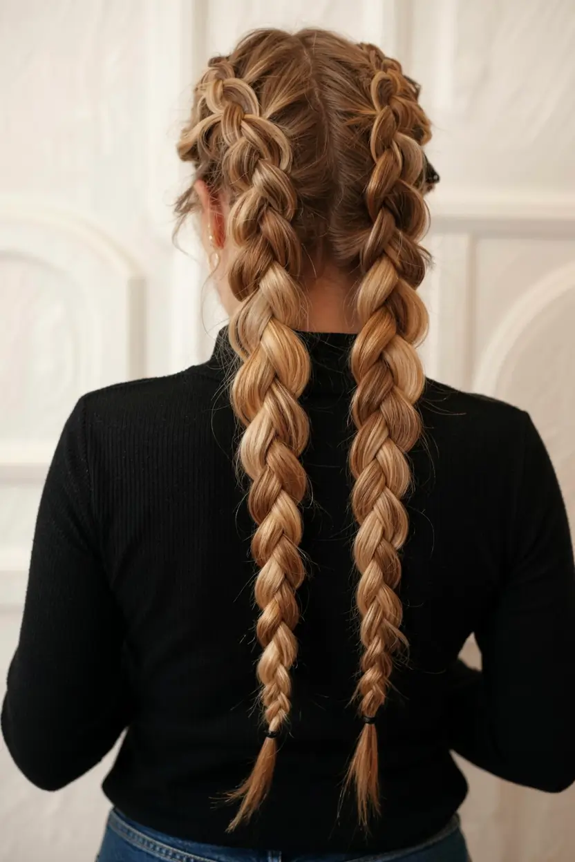 fall braids hairstyle ideas 2025+Chunky Twin Braids with Soft Edges