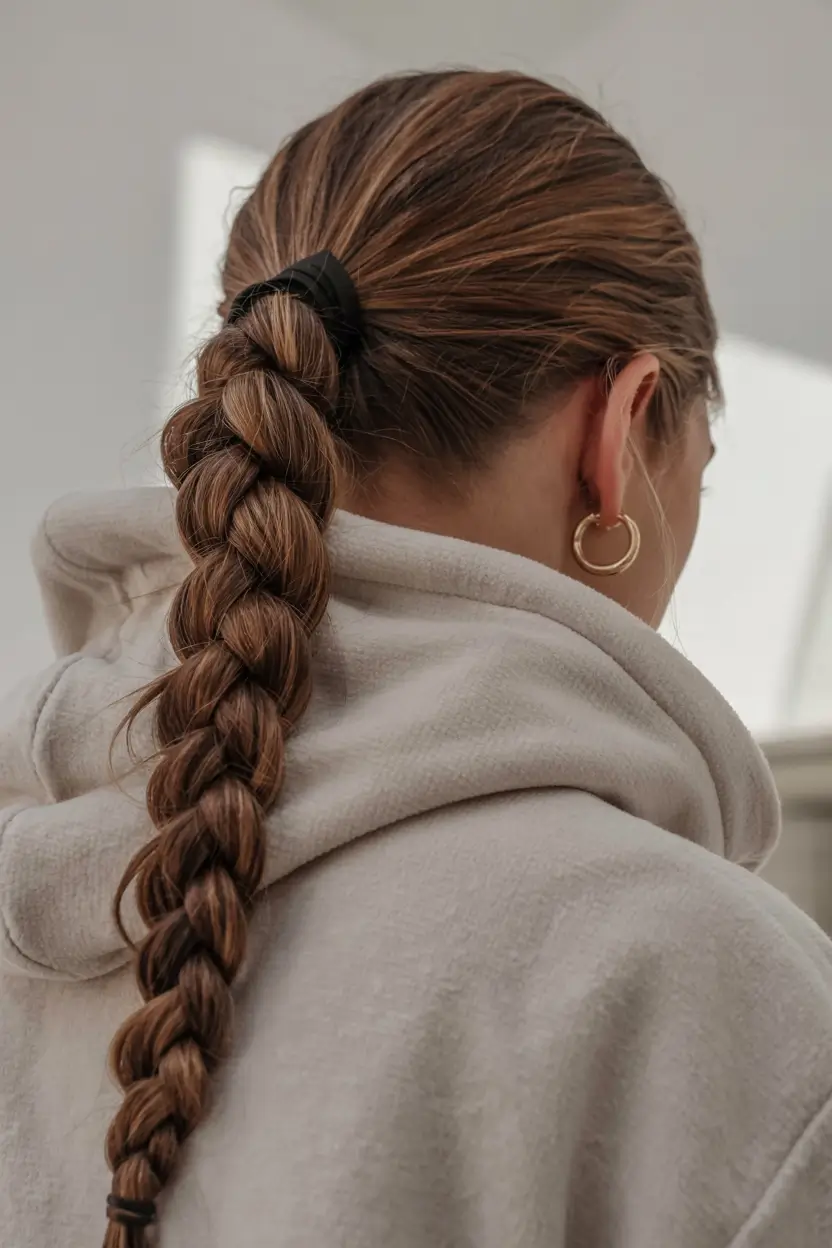 fall braids hairstyle ideas 2025+Sporty Cozy Hoodie Braid
