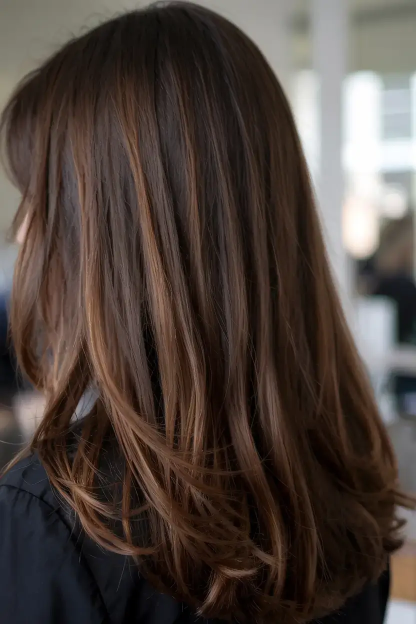 fall hair color for brown skin 2025 Chocolate Root Melt with Hazelnut Lights