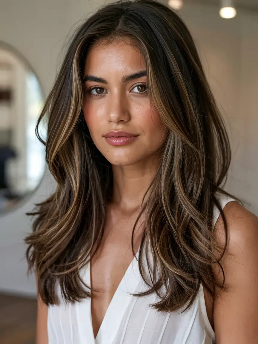 fall hair color for brown skin 2025 Mocha-Russet Dimension with Crown Softening Layers