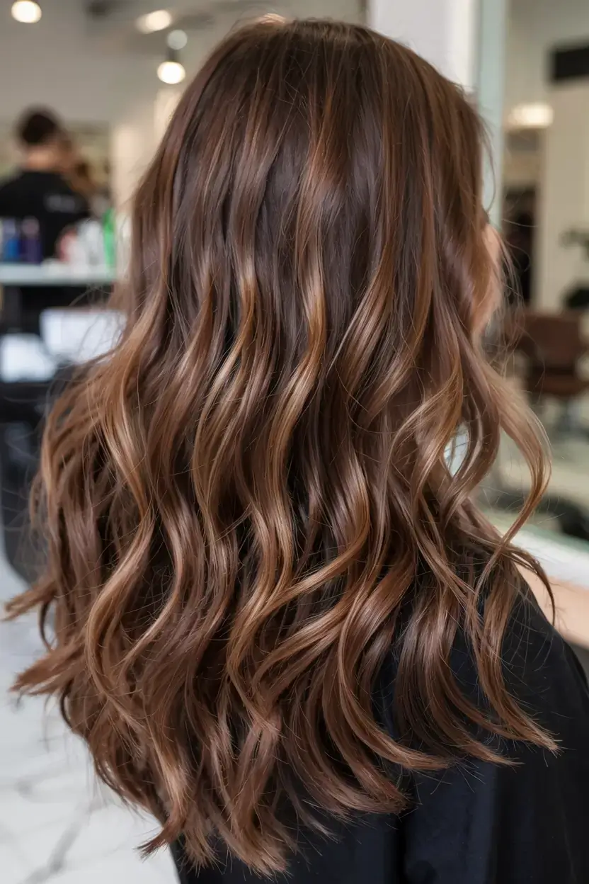 fall hair color for brown skin 2025 Chestnut Satin Blend with Buttery Lowlights