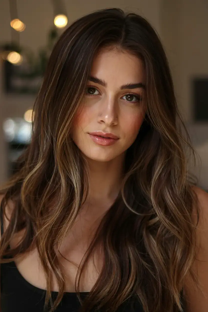 fall hair color for brown skin 2025 Deep Maple Ribboned Layers with Root Gradient