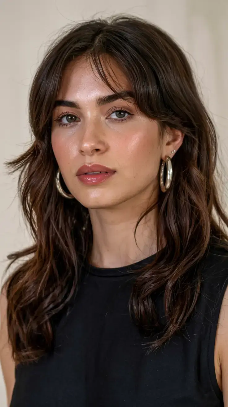 fall hair color for brown skin 2025 Espresso Cascade with Bang-Lit Contour