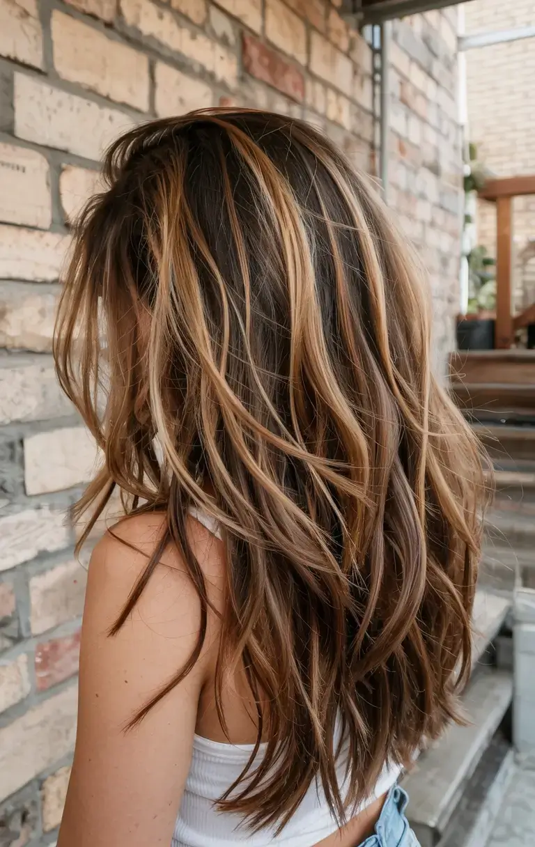 fall hair color for brown skin 2025 Warm Hazelnut Layers with Caramel Flash Pieces