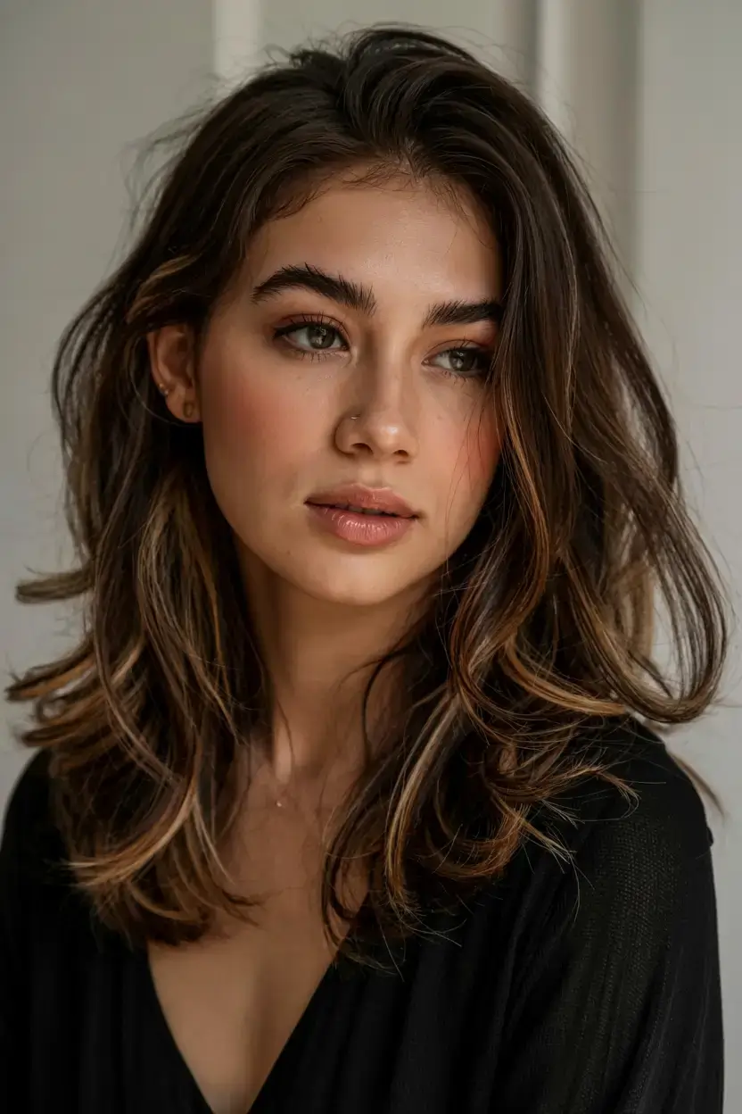 fall hair color for brown skin 2025 Feathered Brunette Layers with Caramel Ribbon Lights