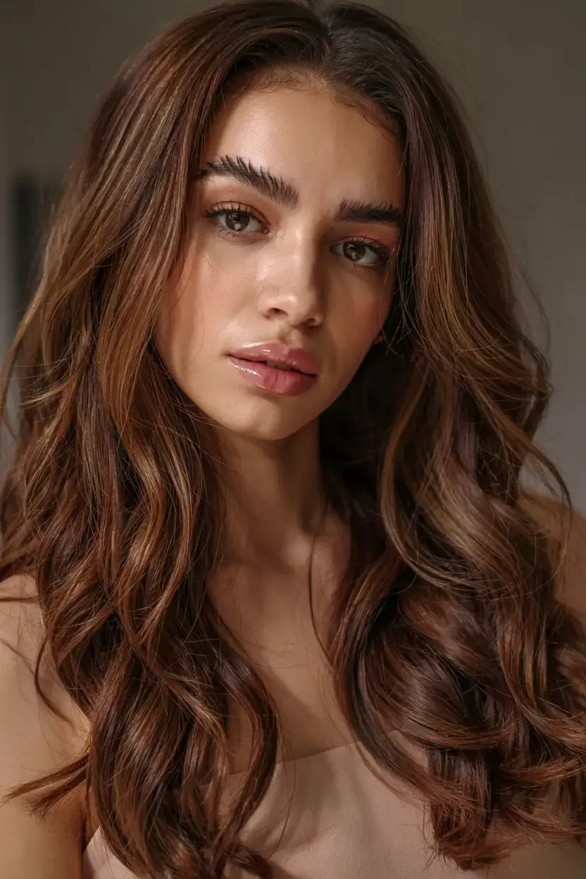 fall hair color for brown skin 2025 Soft Chestnut Waves with Subtle Ember Glow