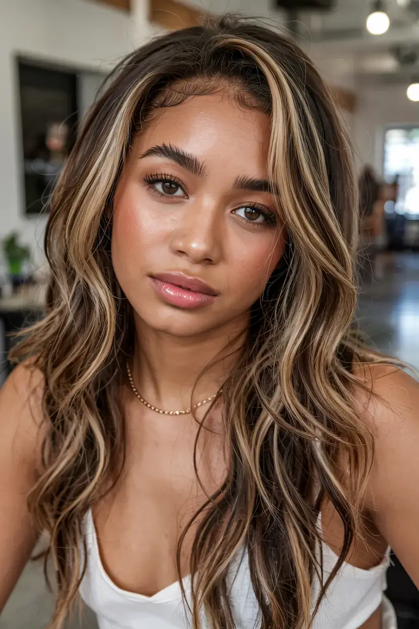 fall hair color for brown skin 2025 Golden Ribbon Highlights with Deep Brunette Depth
