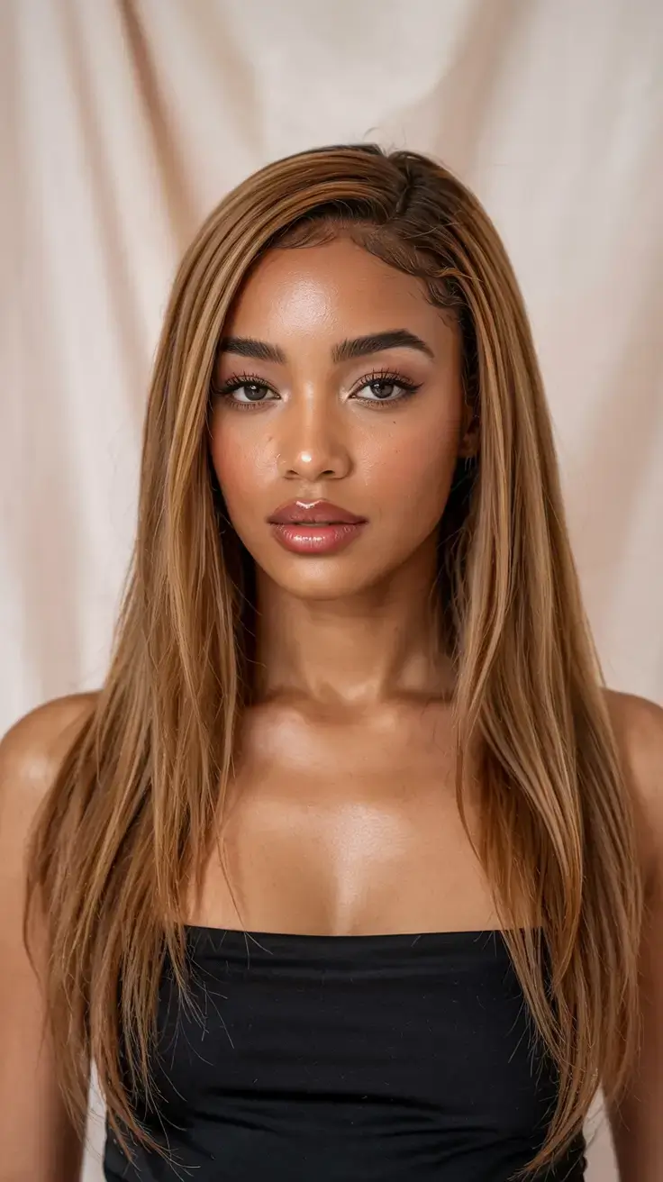 fall hair color for brown skin 2025 Amber Sienna Sleekness with Fall Gloss Finish