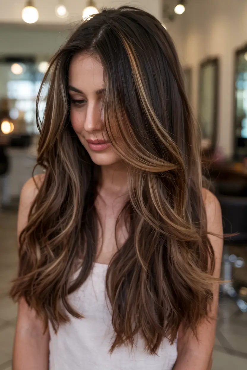 fall hair color ideas for deep skin tones 2025+Warm Latte Flow With Barely-There Lights