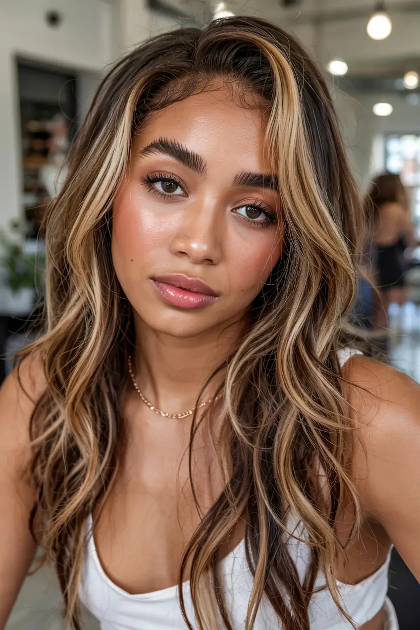 fall hair color ideas for deep skin tones 2025+Buttery Blonde Melt With Soft Dark Roots