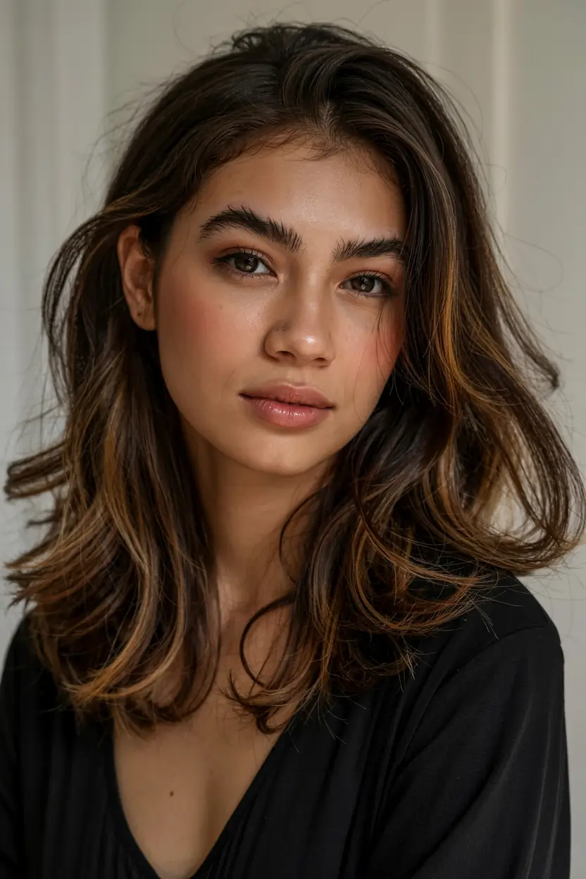 fall hair color ideas for deep skin tones 2025+Toasted Chestnut Lob With Velvet Gold Edges