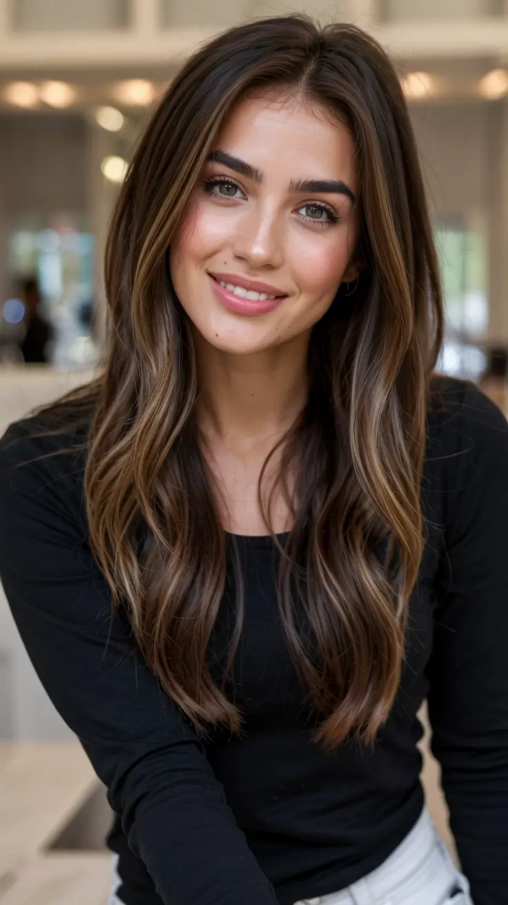 fall hair color ideas for deep skin tones 2025+Mocha Latte Waves With Soft Caramel Veins