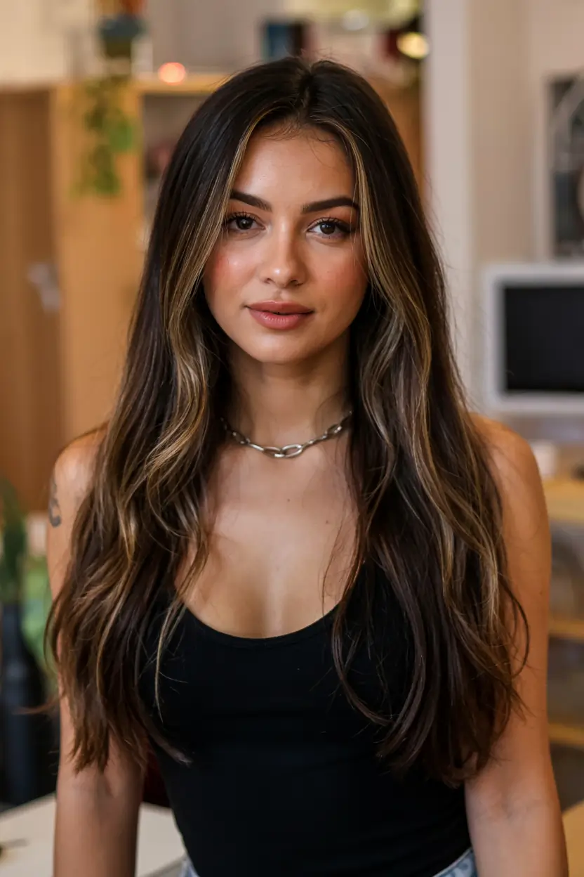 fall hair color ideas for deep skin tones 2025+Cool Brunette Blend With Almond Highlights