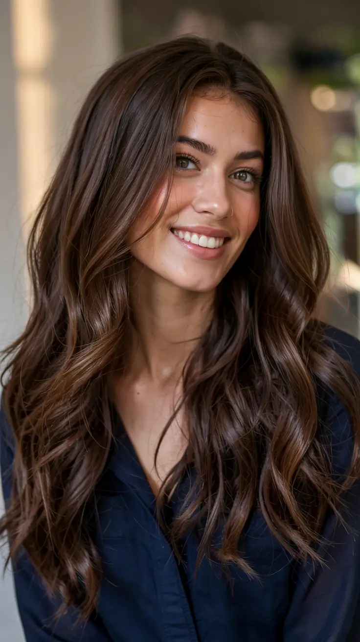 fall hair color ideas for deep skin tones 2025+Maple Chocolate Waves With Satin Depth