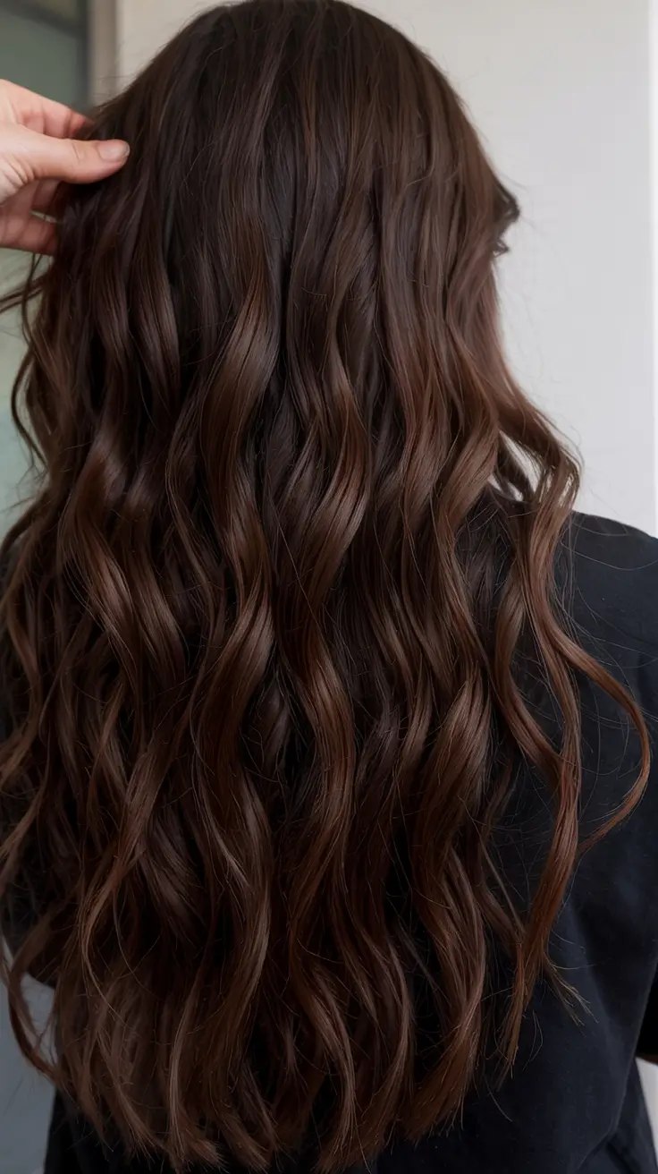 fall hair color ideas for deep skin tones 2025+Glossy Mocha Waves With Dark Chocolate Depth