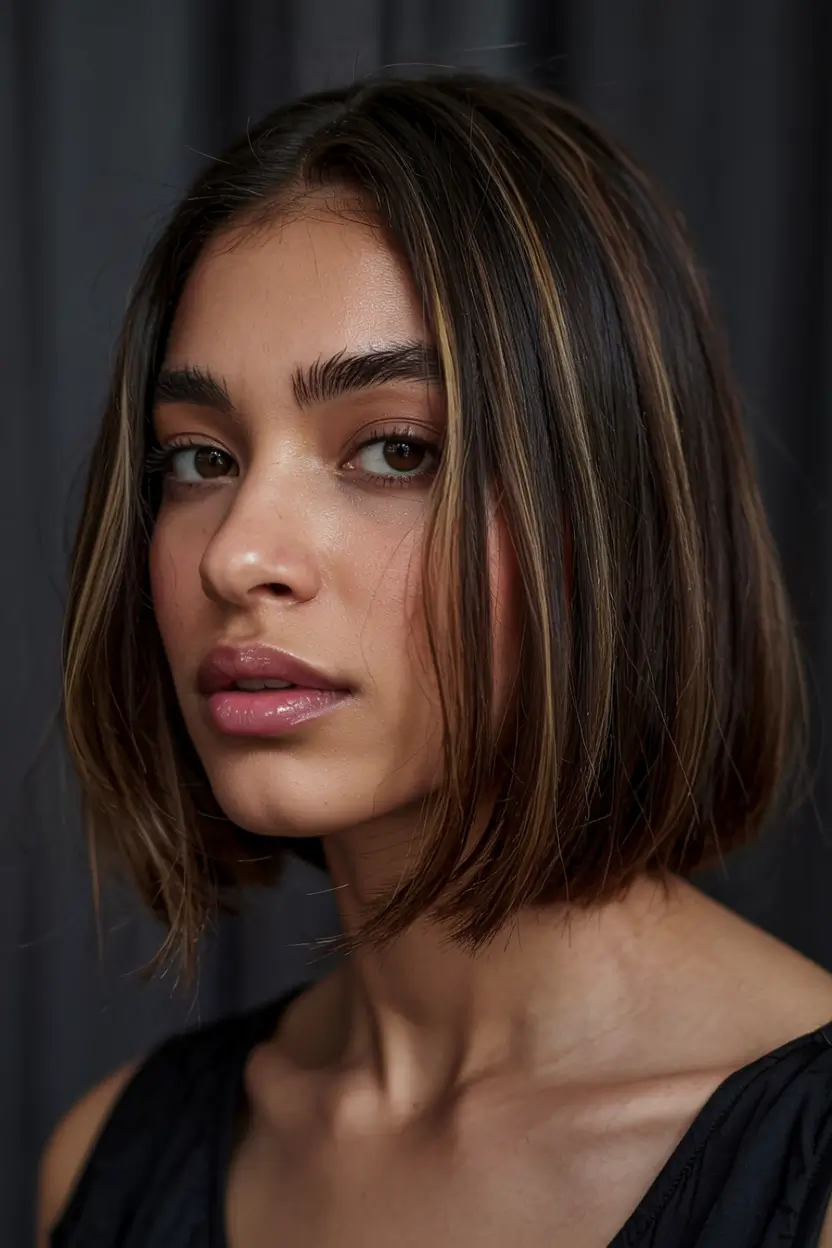 fall hair color ideas for deep skin tones 2025+Mini Espresso Bob With Chestnut Halo Lights