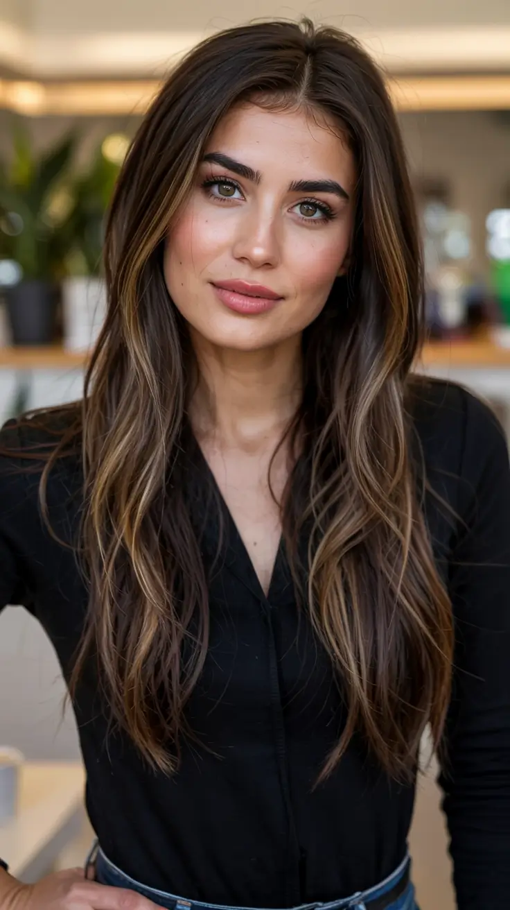 fall hair color ideas for deep skin tones 2025+Rooted Walnut Melt With Feathered Ash Ends