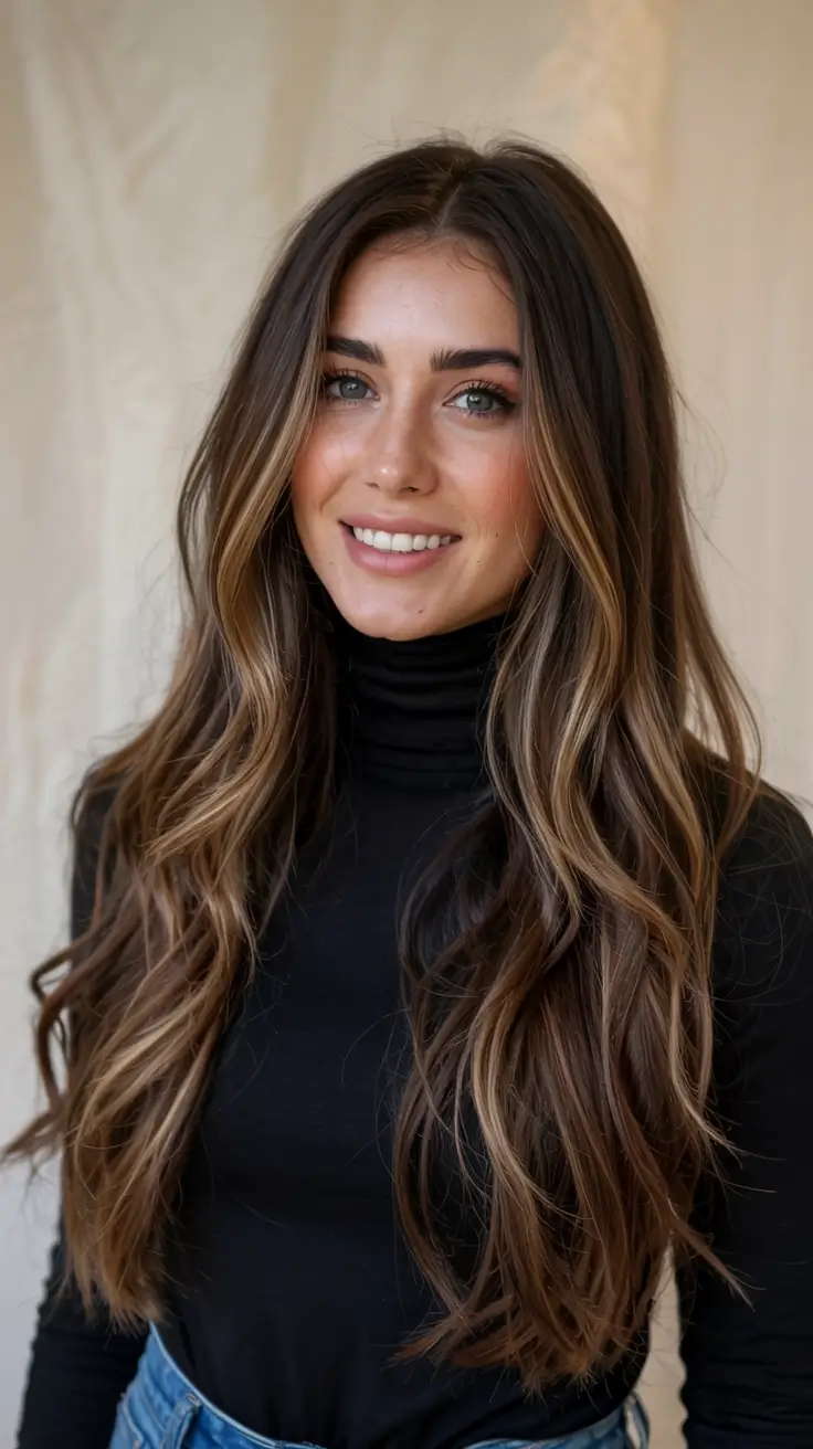 fall hair color ideas for deep skin tones 2025+Warm Beige Balayage With Soft Curtain Contour