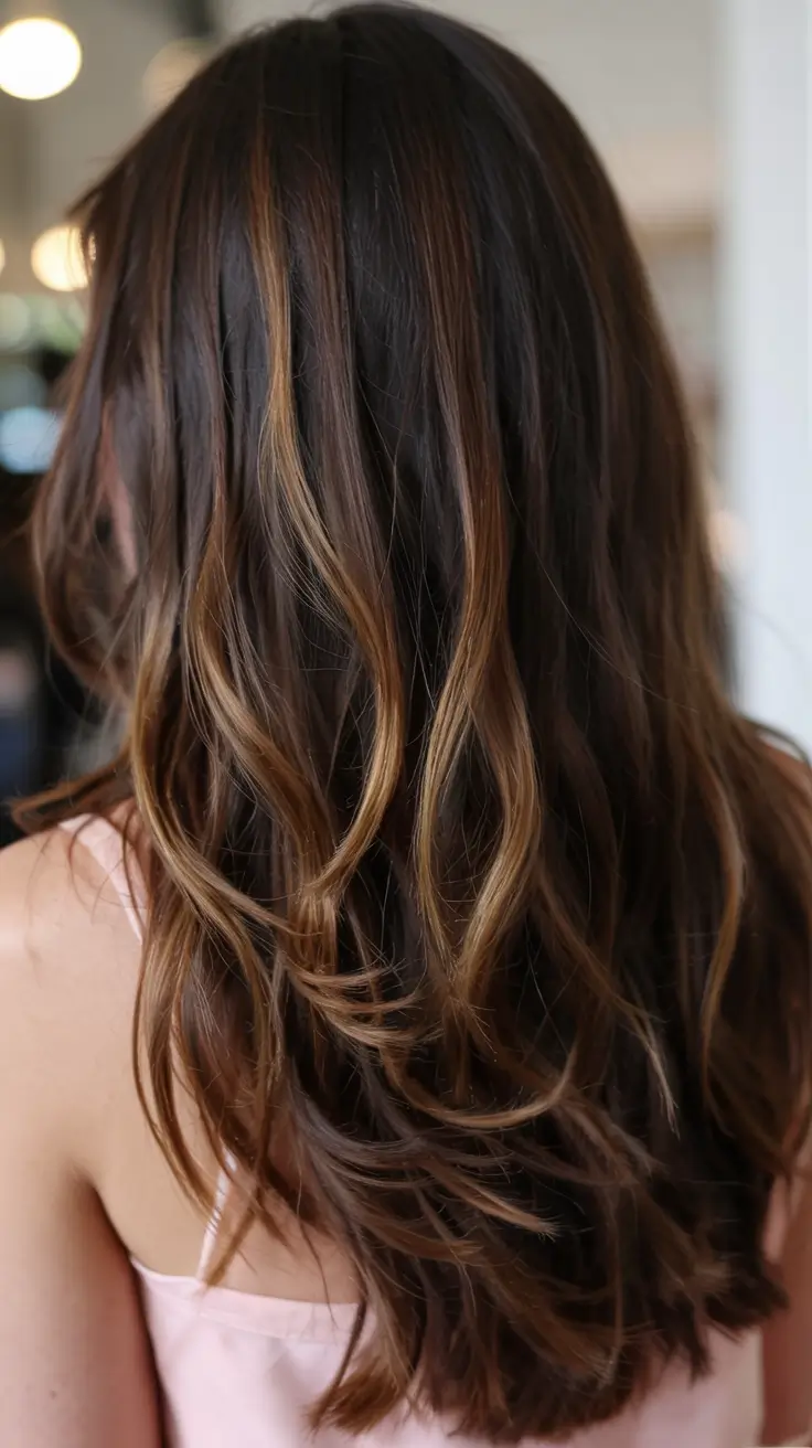 fall hair color ideas for deep skin tones 2025+Honey Bronze Waves With Sunset Threads