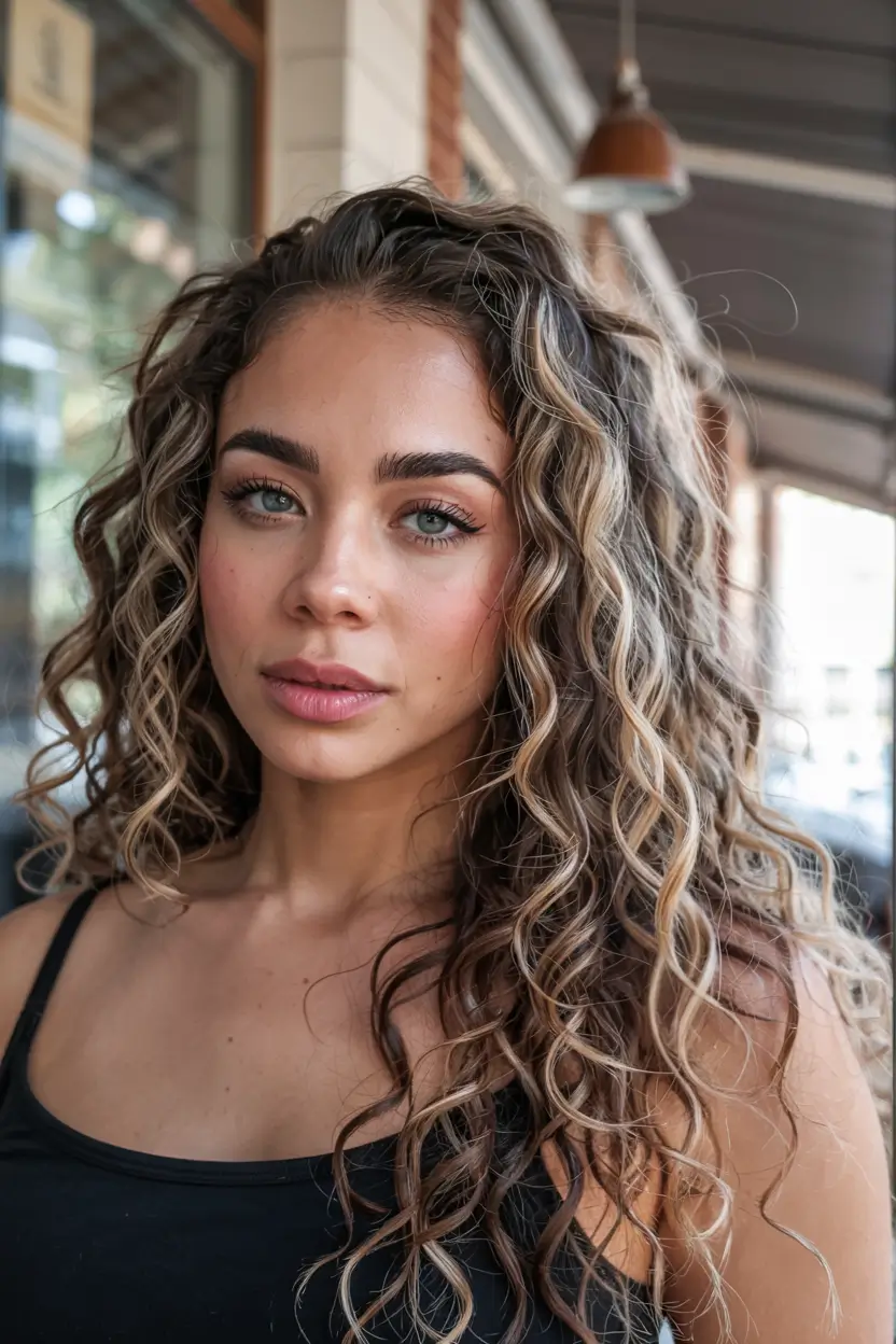 fall hair color ideas for deep skin tones 2025+Cozy Caramel Ringlets With Champagne Pops