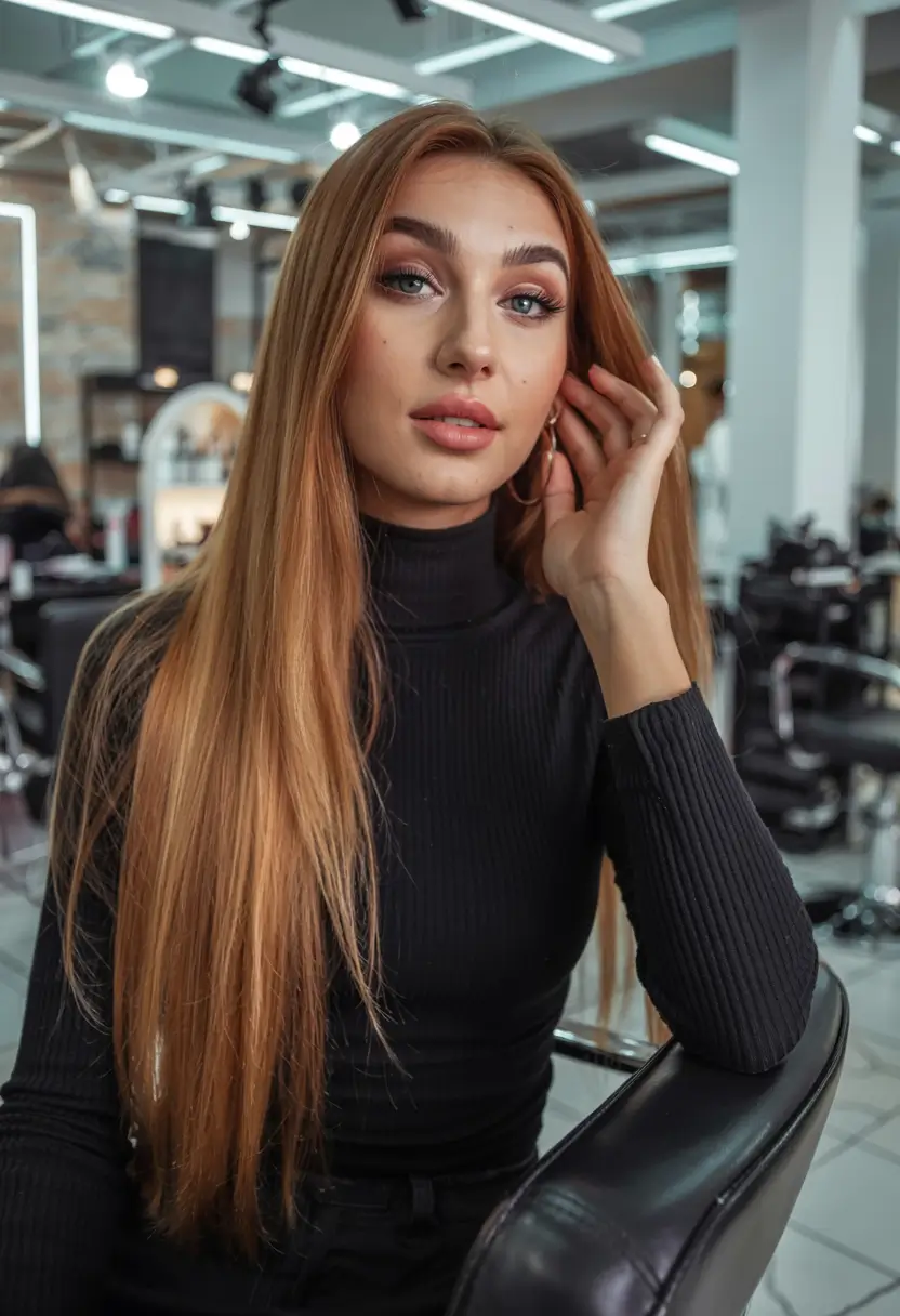 fall hair color ideas for deep skin tones 2025+Strawberry Gold Sleek With Dimensional Shine