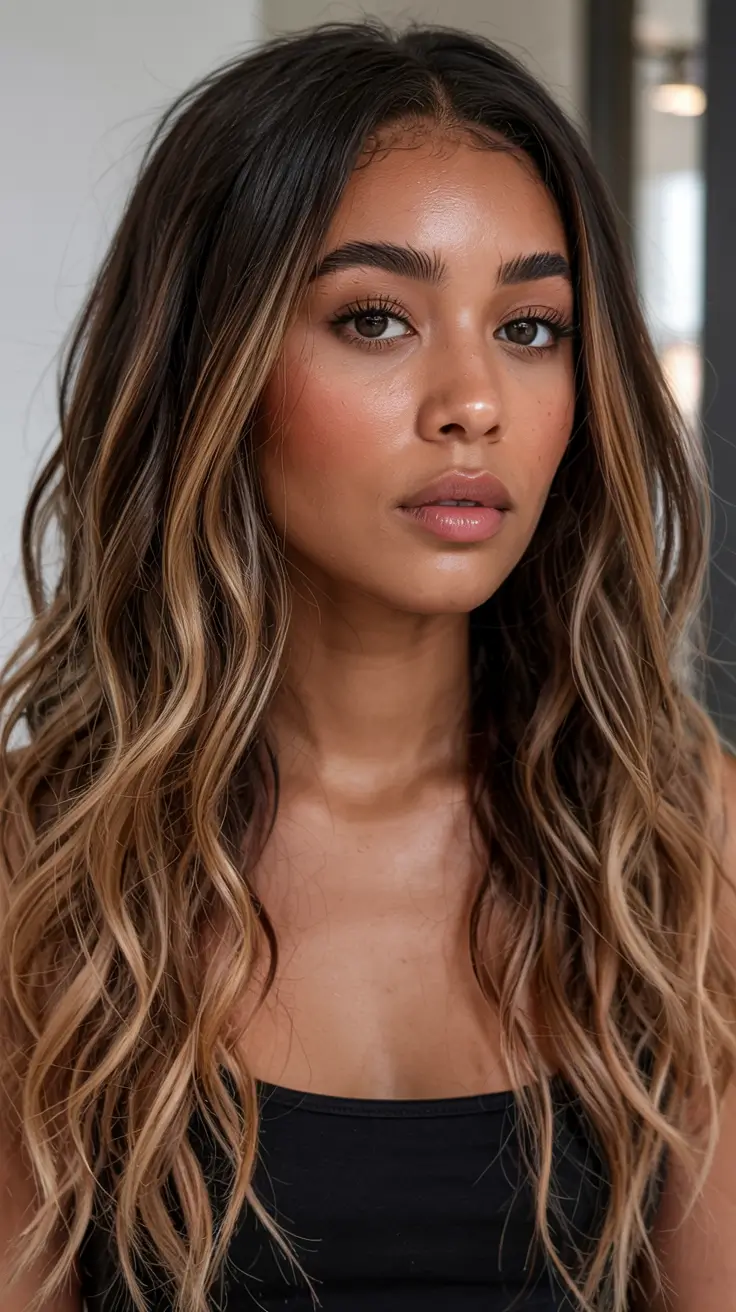 fall hair color ideas for deep skin tones 2025+Warm Cinnamon Ribbons on Cocoa Brown