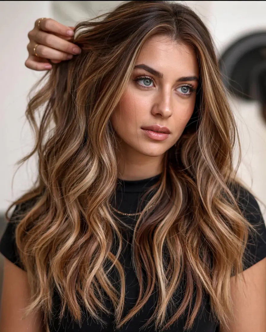 fall hair color ideas for deep skin tones 2025+Soft Mocha Highlights on Mid-Length Waves