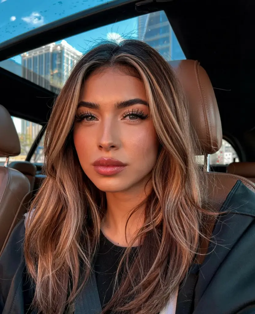 fall hair color ideas for deep skin tones 2025+Chestnut Bronze Layers With Soft Glow Ends