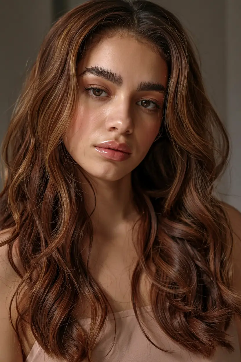 fall hair color ideas for deep skin tones 2025+Cinnamon-Cocoa Waves With Fine Warm Veins