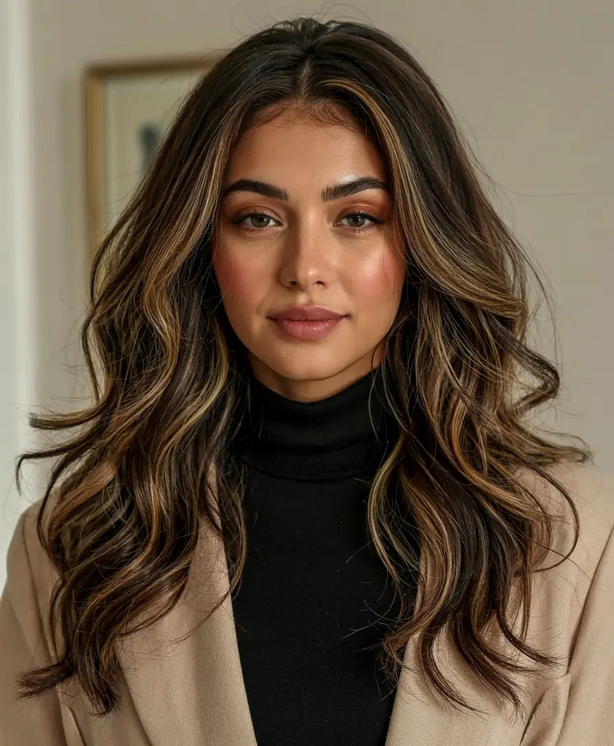 fall hair color ideas for deep skin tones 2025+Soft Espresso Layers With Golden Ribbon Lights