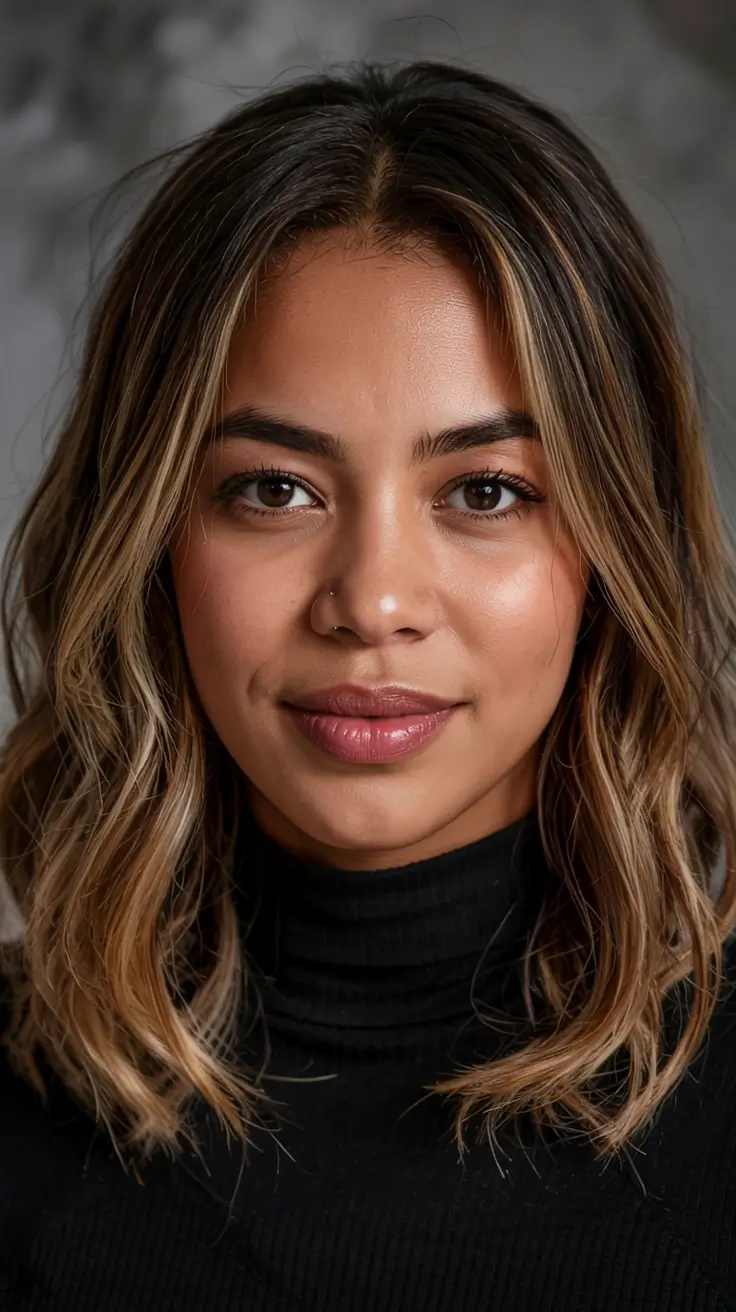 fall hair color ideas for deep skin tones 2025+Buttered Caramel Mid-Length With Sunkissed Ends