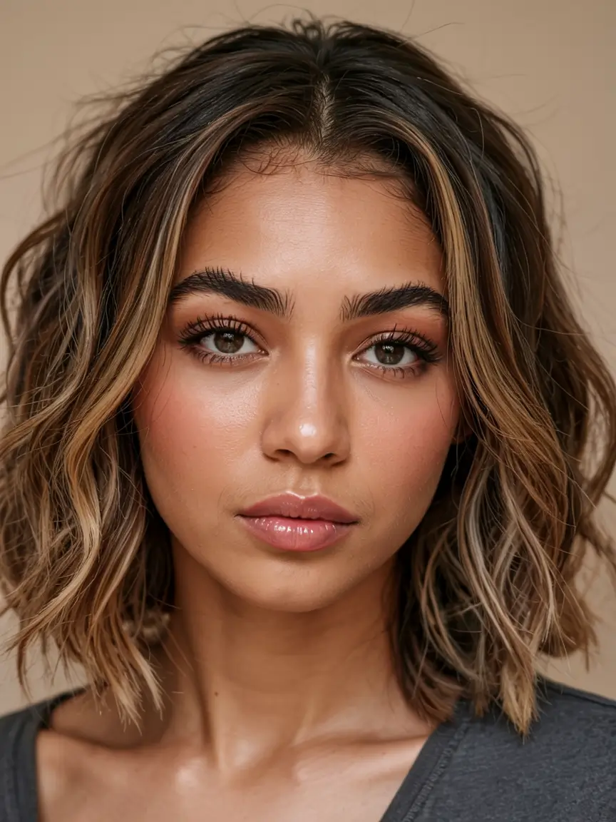 fall hair color ideas for deep skin tones 2025+Textured Walnut Lob With Sandstone Ribbons
