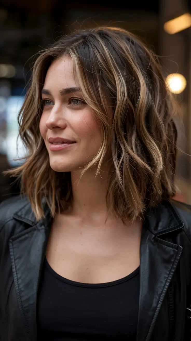 fall haircut for round face 2025+Dimensional Wavy Lob with Warm Highlights