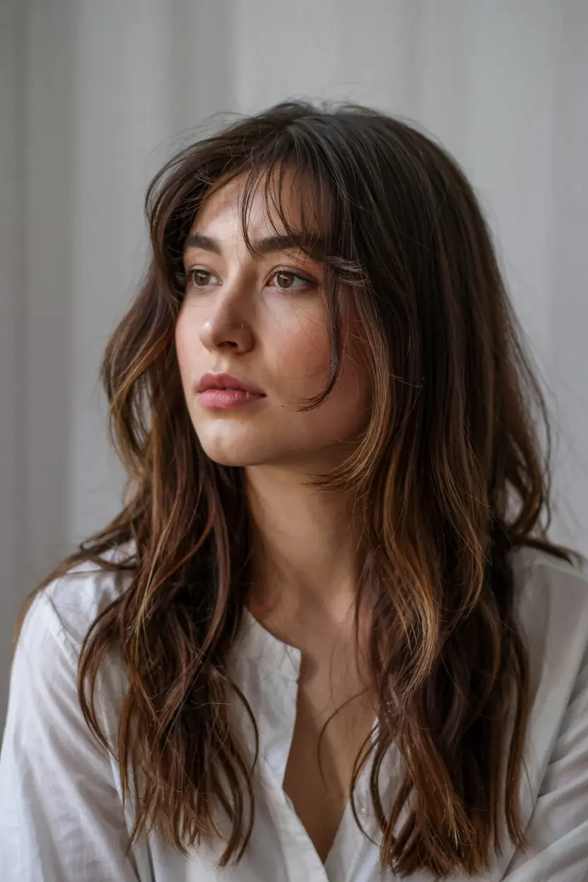 fall haircut for round face 2025+Chestnut Layers with Airy Curtain Bangs