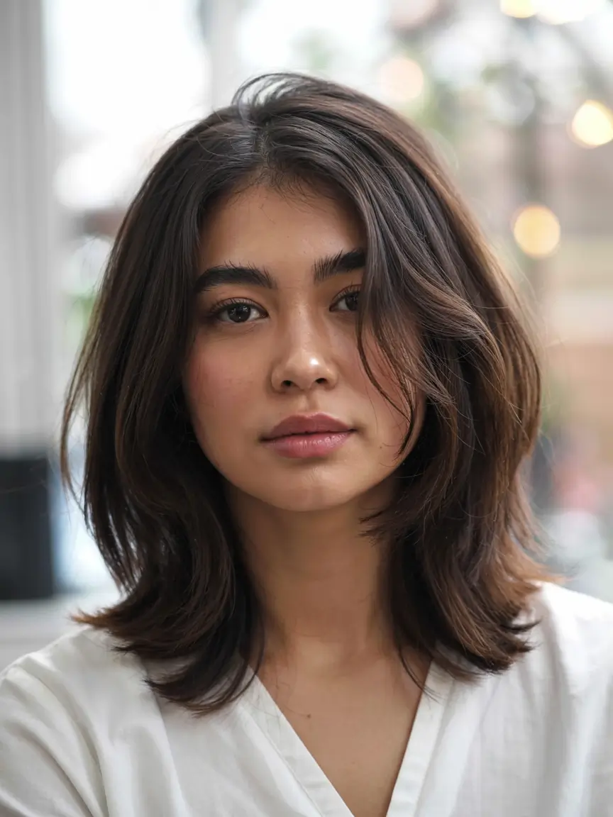 fall haircut for round face 2025+Feathered Shoulder-Grazing Layers