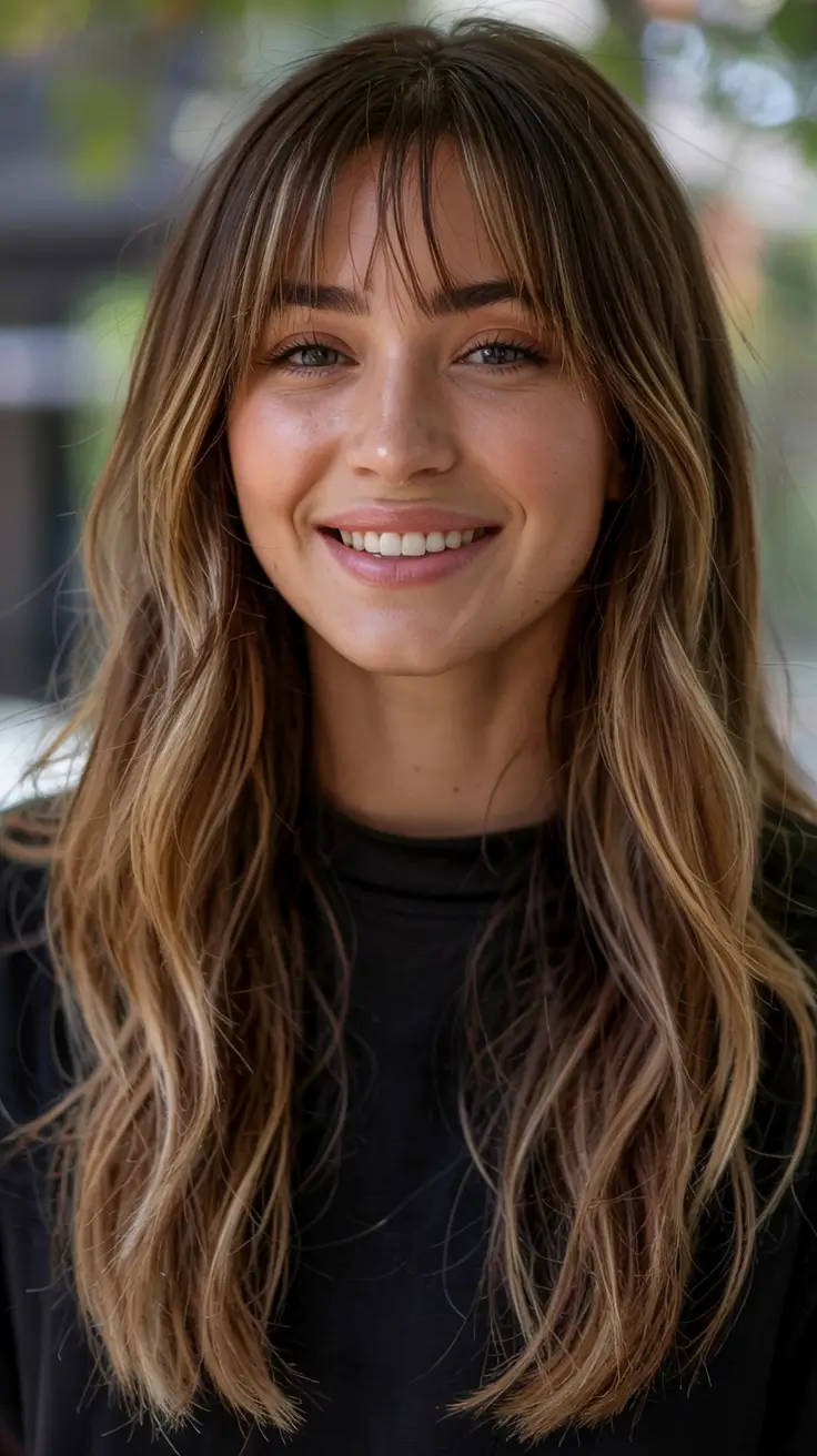 fall haircut for round face 2025+Caramel Layered Waves with Lash-Skimming Fringe