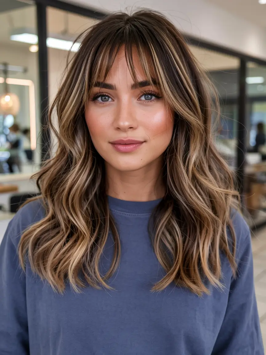 fall haircut for round face 2025+Glossy Layers with Wispy French Fringe