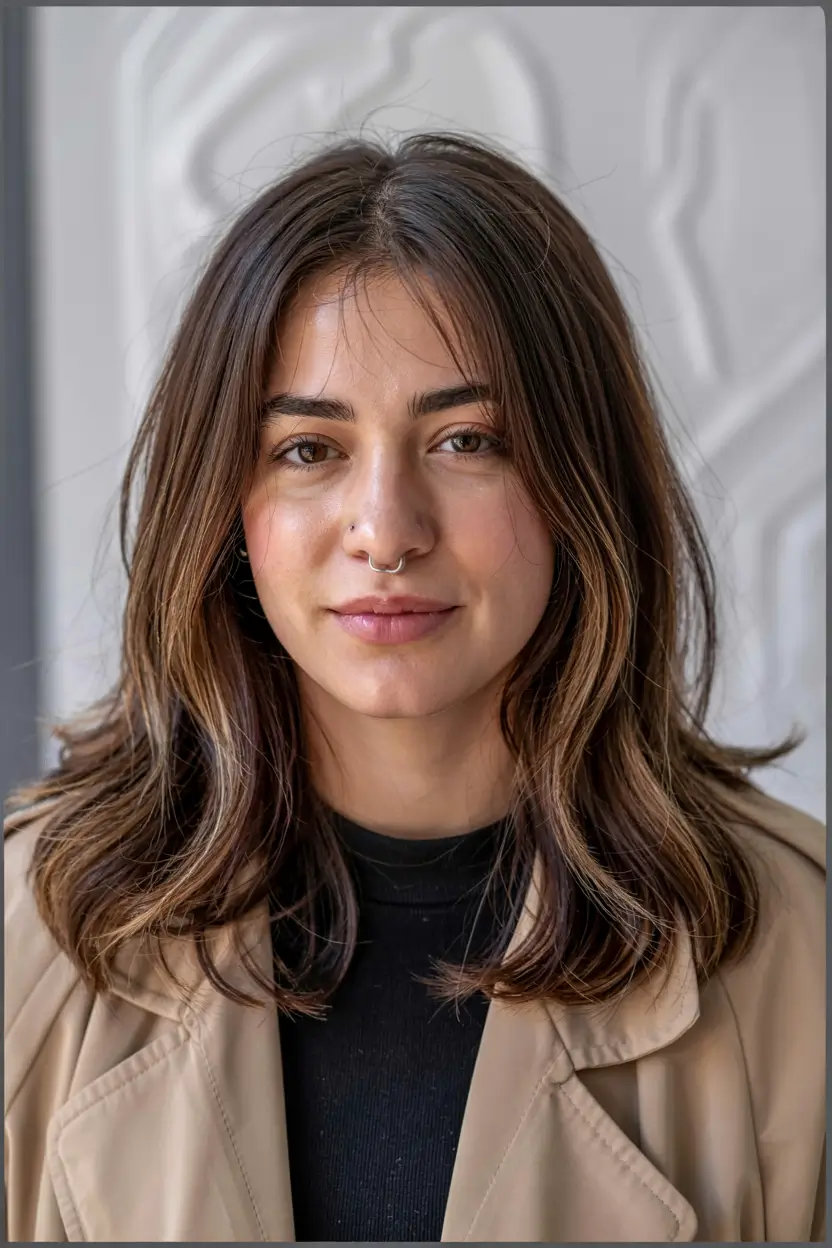 fall haircut for round face 2025+Mid-Length Layers with Subtle Bright Balayage
