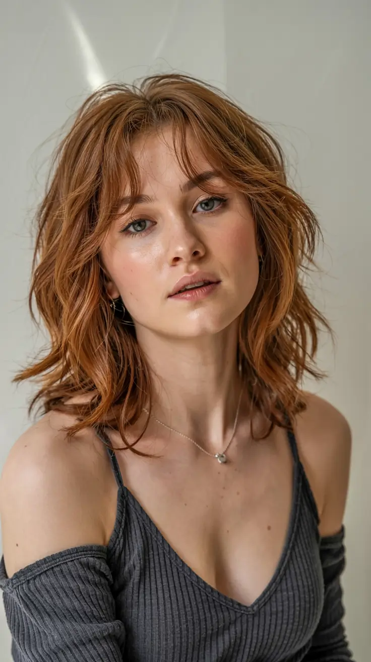fall haircut for round face 2025+Copper Shag with Bottleneck Bangs