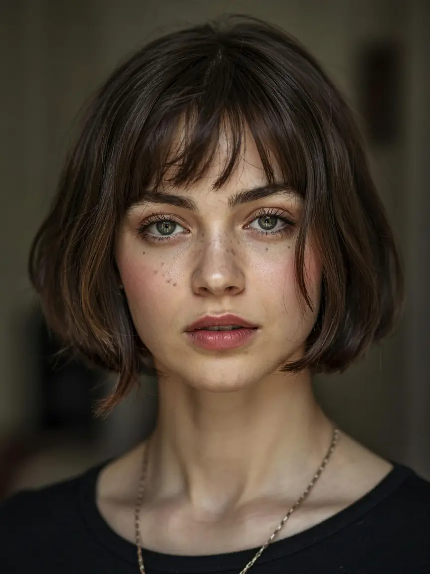 fall haircut for round face 2025 Soft Blunt Bob with Wispy Micro Bangs