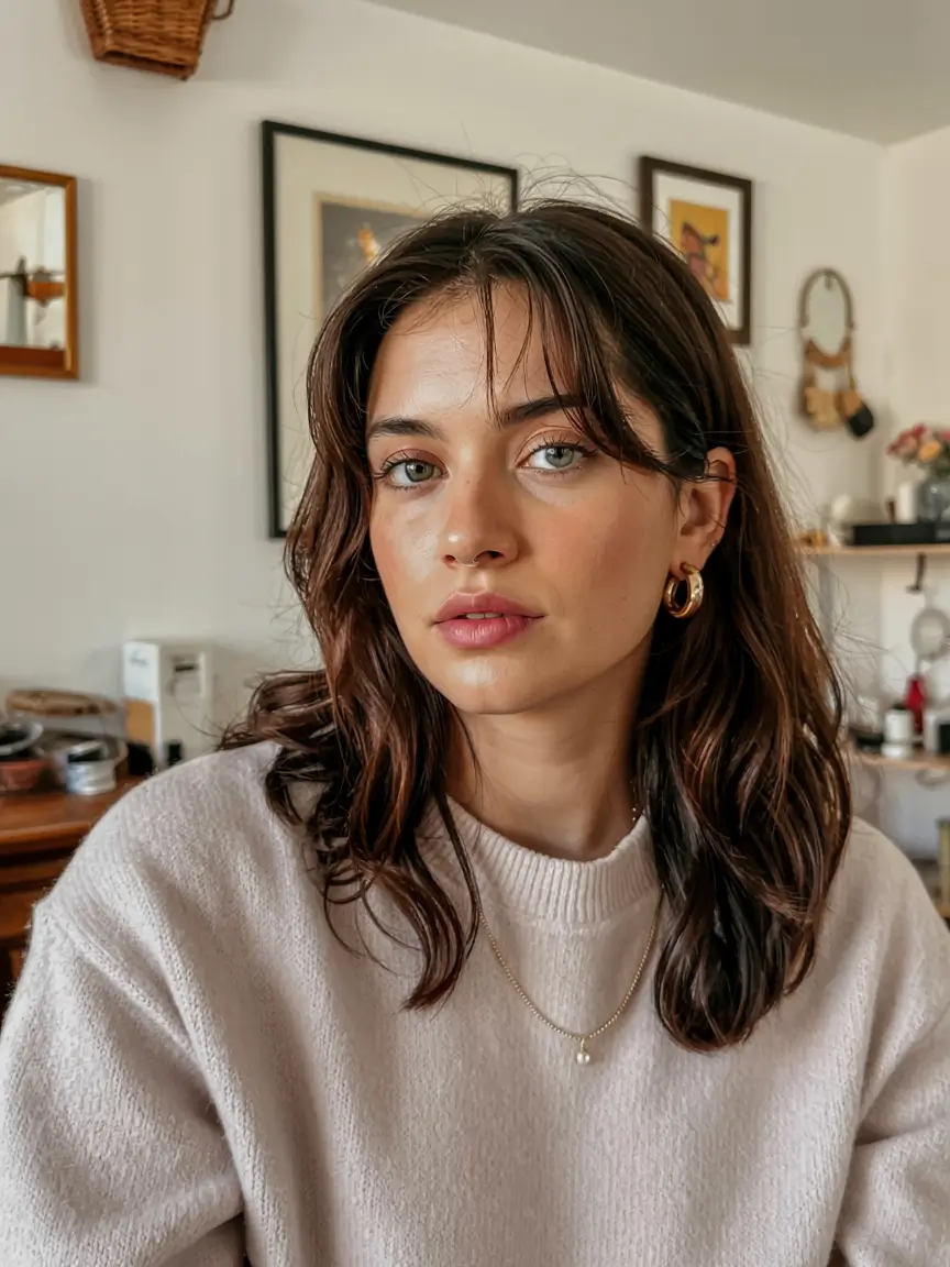 fall haircut for round face 2025 Caramel Highlights with Curtain Bangs