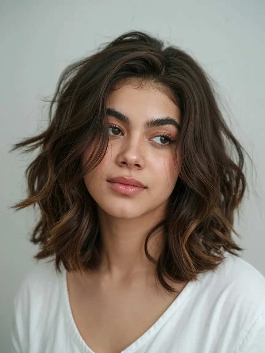 fall haircut for round face 2025+Volumized Waves with Deep Side Sweep